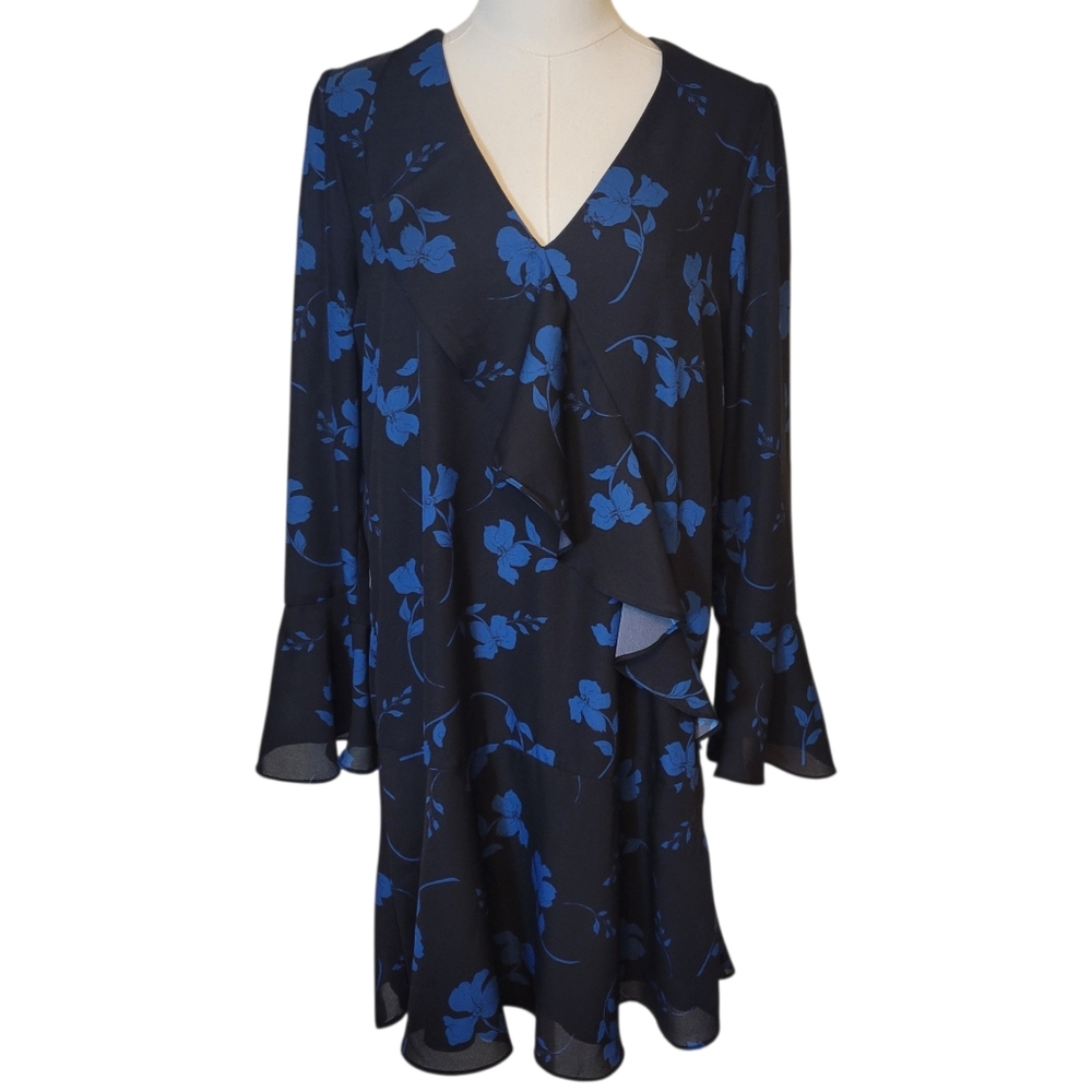 Parker Black & Blue Floral‎ Chiffon Shift Dress Size Medium - Picture 2 of 5